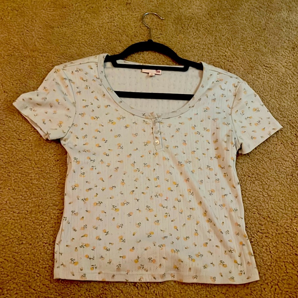 Coral and Blue Floral Button T-Shirt